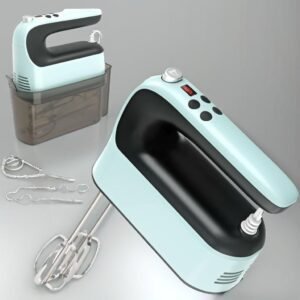 Light blue and black electric hand mixer with detachable beaters and dough hooks, shown with a transparent storage case.