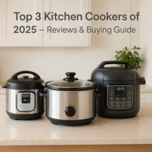 A modern kitchen countertop showcasing three best-selling cookers of 2025: a mini pressure cooker, a stainless steel slow cooker, and an air fryer combo.