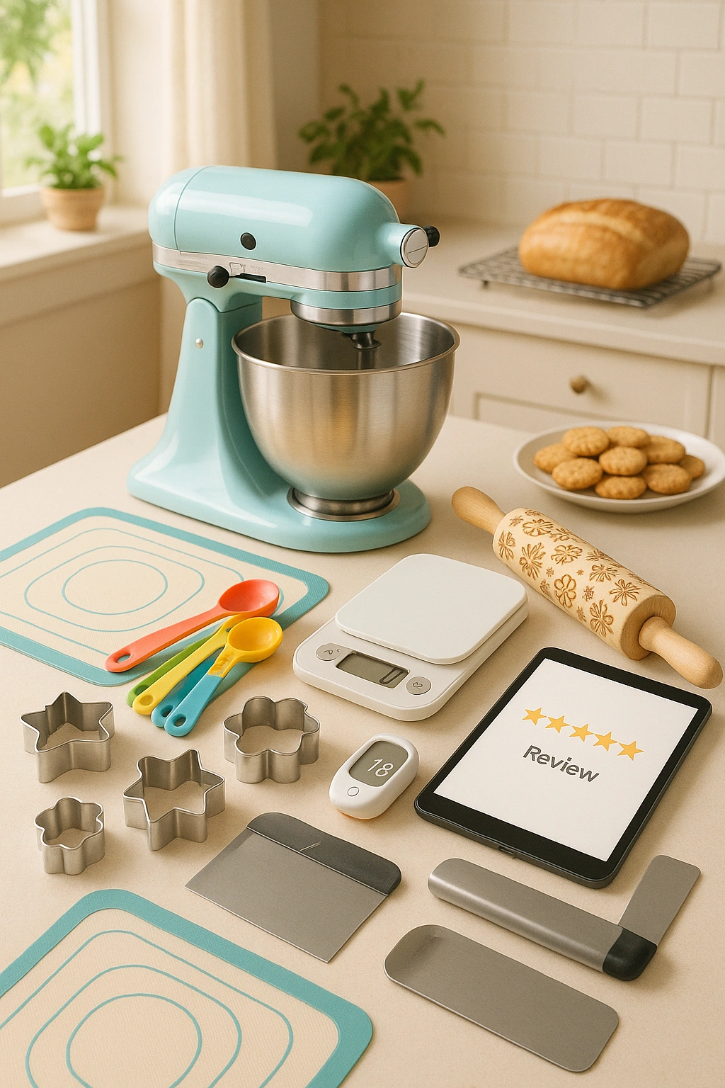 Modern baking gadgets and tools arranged on a kitchen counter with cookies and bread in the background.
