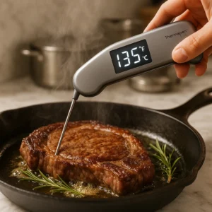Extreme macro of a sizzling steak; text overlay ‘Is it done yet?
